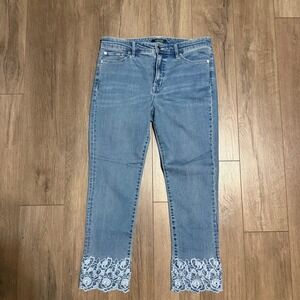 Lauren Ralph Lauren Floral Lace Hem Straight Leg Jeans Medium Wash Blue Size 8